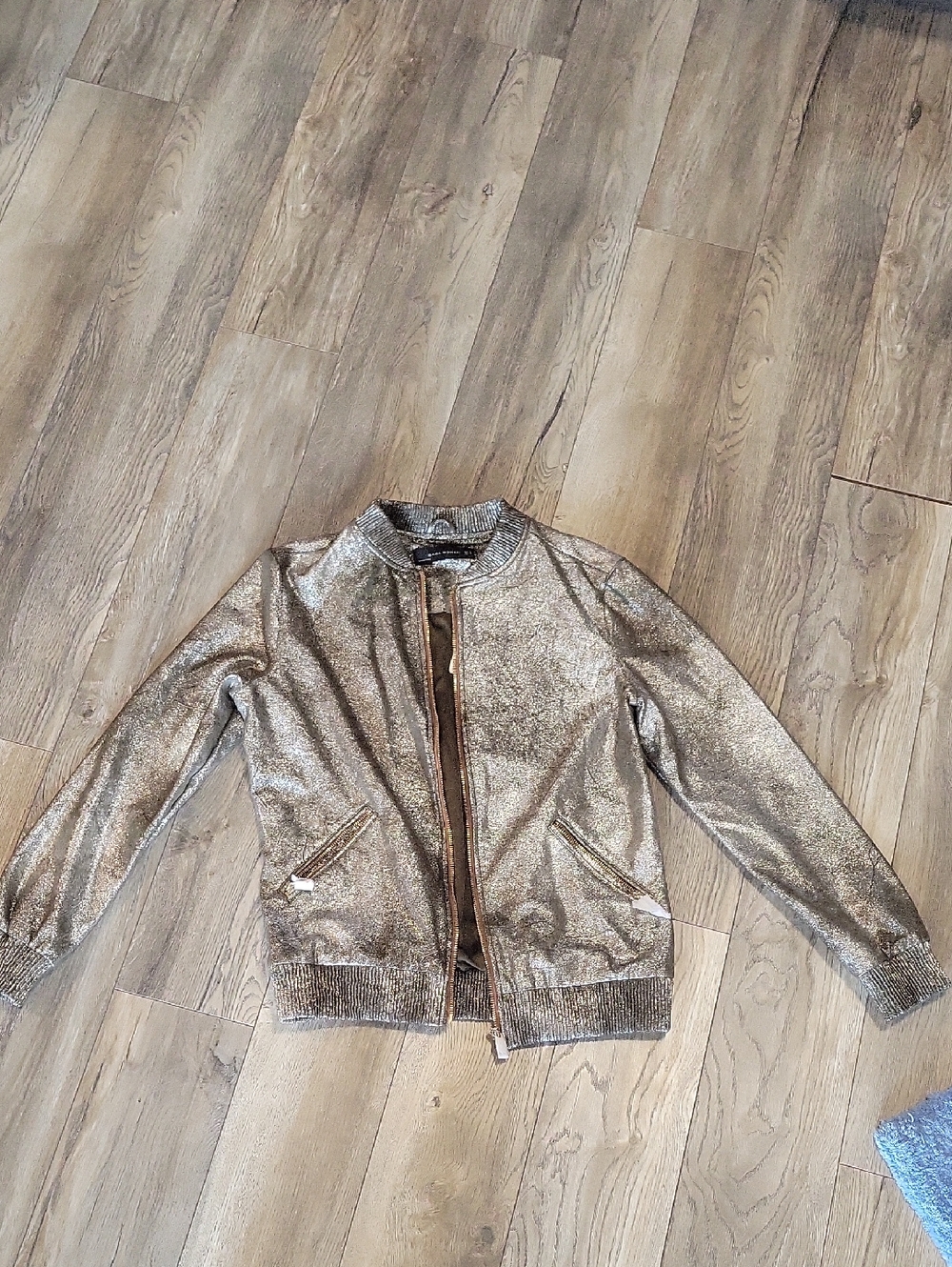 Zara Metallic Bronze Bomber Jacket